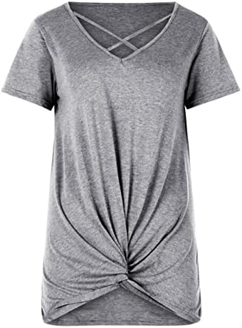 Bluz T Shirt Genç Kızlar için Kısa Kollu 2023 Crewneck V Boyun pamuklu bluz Criss Cross Temel Salon Gömlek BO