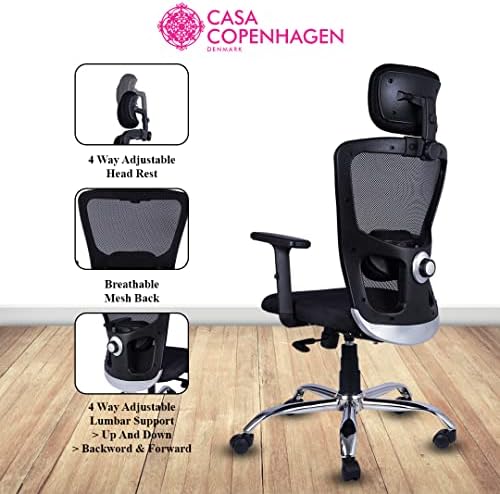 Casa Copenhagen California Ayarlanabilir Bel Destekli Sandalye, Yüksek Sırtlı Fileli Bilgisayar Sandalyesi-Koltuk Başlığı, Yumuşak