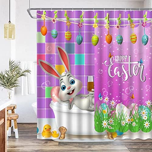 DePhoto Komik Tavşan Paskalya Duş Perdesi Sanat Sevimli Tavşan Bahar Tatil Evi Renkli Paskalya Yumurtaları Banyo Dekor Çocuklar için,