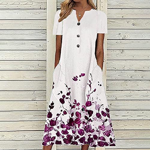 Yaz V Boyun Elbise Bayan Bayanlar için 2023 Çiçek uzun elbise Düğme Aşağı Pilili Plaj Elbise Kısa Kollu Tatil Elbiseler