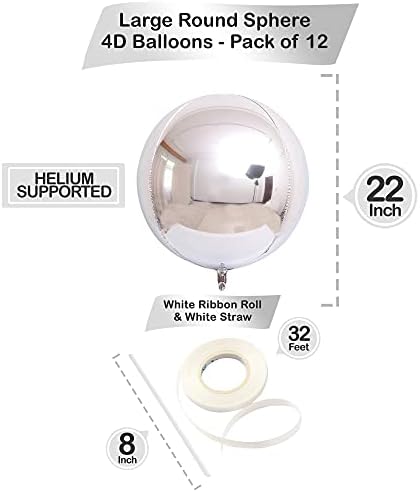 KatchOn, 22 İnç Metalik Gümüş Balonlar-12'li Paket / Büyük, 4D Yuvarlak 360 Derece Gümüş Balonlar, Gümüş Doğum Günü Süsleri / Gümüş