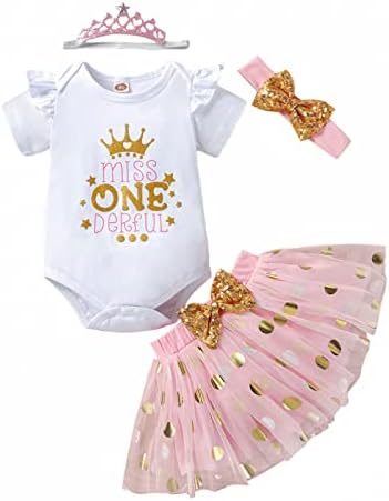vıvıfayee Bebek Kız 1st Ilk Doğum Günü Kıyafetler Pamuk Romper tutu Etek Seti Sequins Ilmek Kafa Bandı 3 Adet