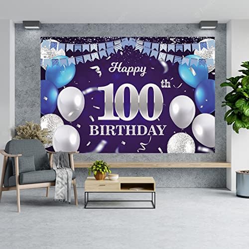 Mutlu 100th doğum günü afiş zemin lacivert balonlar konfeti şerit bayrak ışık noktalar Şerefe 100 yaşında tema süslemeleri dekor için