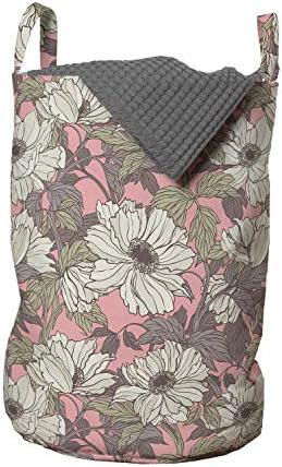 Ambesonne Çiçekli Çamaşır Torbası, Çizgi Film Tarzı Yüksek Detaylı Çiçekler ve Yapraklar, Çamaşırhaneler için İpli Kulplu Sepet, 13
