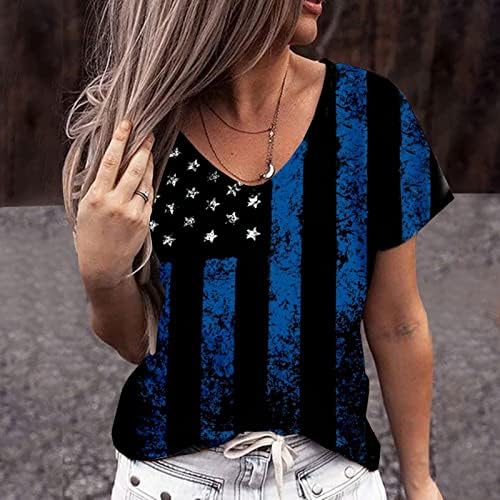 Kadın t-shirtü Kısa Kollu Bluz Üstleri Yıldız ve Şerit Ekleme Tee Gömlek 4 Temmuz Vatansever Parti