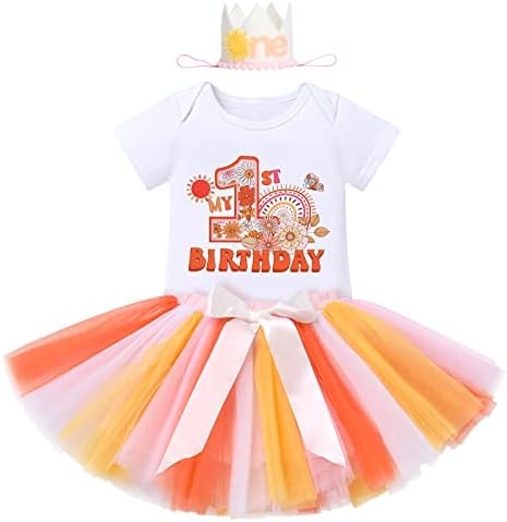 IBTOM KALE Bebek Kız Bir Yaşında Doğum Günü Çiçek Dantel Parti Kek Smash Romper + Tutu Etek Seti + Taç Fotoğraf Çekimi Giysi