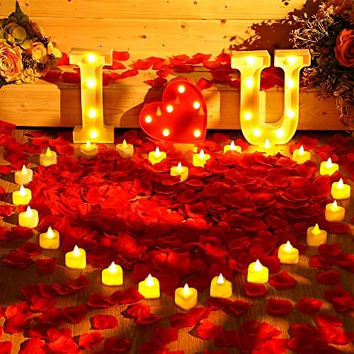 Coume 6000 Adet Yapay Gül Yaprağı ile 72 Adet Romantik kalp Led Mum Alevsiz aşk Romantik Gece Sevgililer Günü Yıldönümü Masa Süsü için