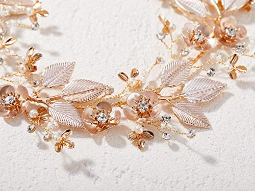 SWEETV El Yapımı Düğün Headpieces Gelin saç aksesuarları Çiçek Yaprak Gelin Kafa Bandı Gül Altın Düğün saç parçası