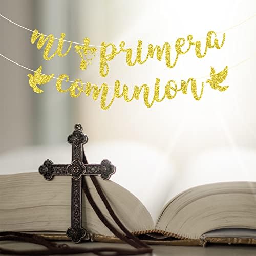 Mi Primera Comunión Afiş-Bebek Vaftiz Süslemeleri-İlk Cemaat, Tanrı Korusun Bu Çocuk, Vaftiz, Bebek Duş Parti Süslemeleri Altın Glitter