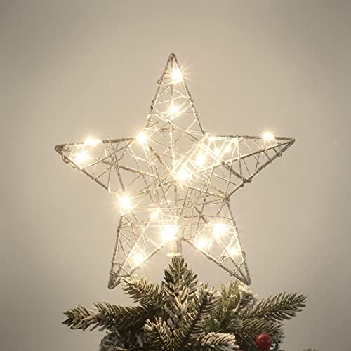 PHİTRİC Noel Yıldız Ağacı Topper, 10 inç ışıklı Pentagram Ağacı Topper, 20 LED Işıklı Gümüş Noel Ağacı Yıldızı, Noel Ağacı Süsleri