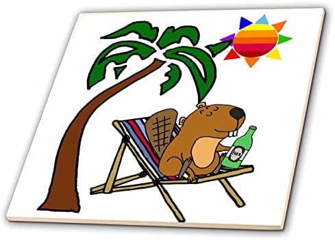 3dRose Komik Kunduz Plaj Sandalyesinde Bira içiyor, Güneş ve Palmiye Ağacı-Fayans (ct_356381_1)