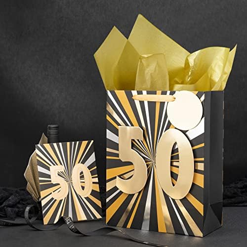MAYPLUSS 13 50 Yıl Doğum Günü Partisi için Tebrik Kartı ve Kağıt Mendil içeren Büyük Hediye Çantası-Siyah Altın Folyo Tasarımı