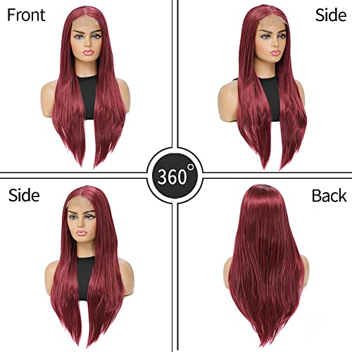 Yamzıg dantel ön peruk düz saç kadınlar için 4x4 Uzun Bordo Dantel Ön düz peruk doğal görünümlü sentetik Elyaf ısıya dayanıklı peruk