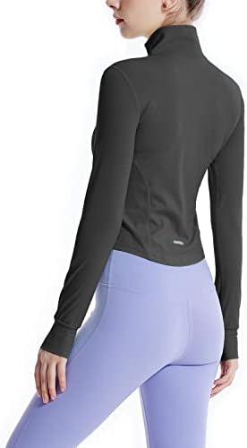 GXFGZZRS Bayan Koşu eşofman üstü Kırpılmış Uzun Kollu Egzersiz Atletik yoga ceketleri Başparmak Delikleri İle Kadınlar için, Siyah