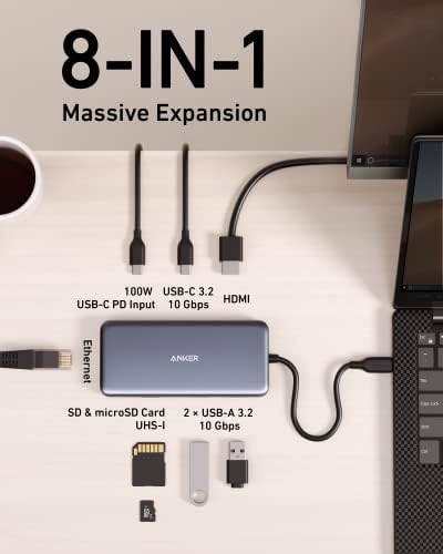 Anker USB C Hub, 555 USB-C Hub (8'i 1 arada), 100W Güç Dağıtımı, 4K 60Hz HDMI Bağlantı Noktası, 10Gbps USB C ve 2 USB A Veri Bağlantı