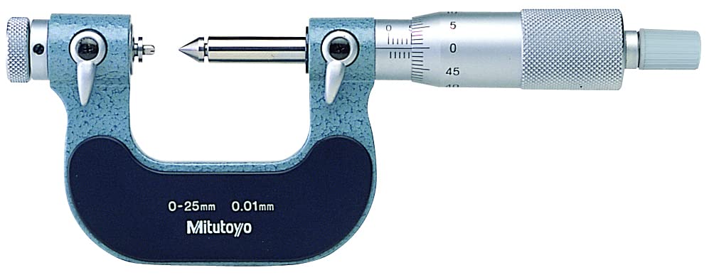 Mitutoyo 126-125 Vida Dişi Mikrometre, Değiştirilebilir Örs Mili Ucu, Cırcır Durdurma, 0-25mm Aralığı, 0.01 mm Mezuniyet, + / -0.004