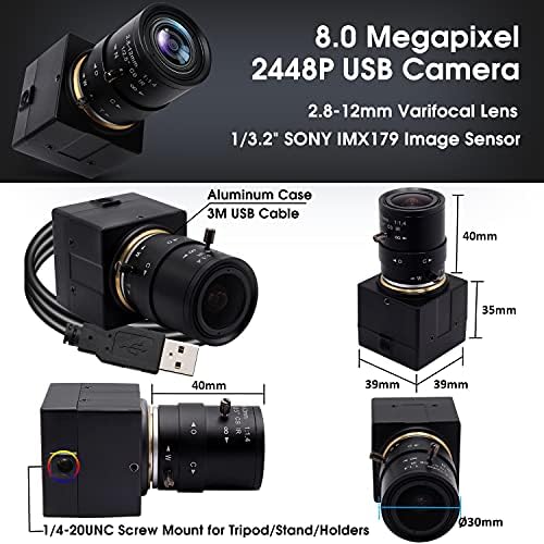 Zoom Lensli SVPRO 8MP USB Web Kamerası 2.8-12mm Manuel Odaklama, Sony IMX179 Sensörlü Optik Zoom Kamerası, Yüksek Çözünürlüklü Web