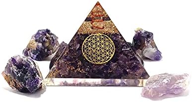 Ametist Orgon Kristal Piramit ile Çiçek Hayat Sembolü ve 4 Adet Doğal Ham işlenmemiş taş Kiti için E Koruma Pozitif Enerji Jeneratörü