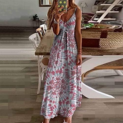 Kadın Seksi Çiçek Baskı Maxi Plaj Elbise Gevşek Yaz Derin V Boyun Elbise Kolsuz Shift Askı Elbise