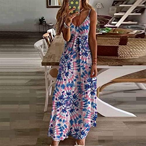 Kadın Seksi Çiçek Baskı Maxi Plaj Elbise Gevşek Yaz Derin V Boyun Elbise Kolsuz Shift Askı Elbise