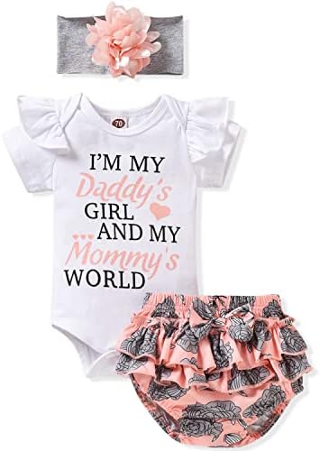 MİNİFEİKO Bebek Kız Kıyafet Bebek Kız yaz giysileri Set Mektup Baskı Romper + Çiçek Kısa pantolon + Kafa Bandı 3 ADET