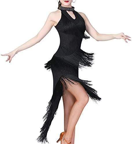 Kadınlar 1920s Püskül Saçak Sineklik dans kostümü Halter V Yaka Asimetrik Salsa Latin ChaCha Tango Retro Parti Elbise