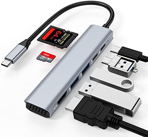 Hanchuang USB C Hub, 7 in 1 USB C HDMI Multport Adaptörü ile 4 K HDMI, 100 W PD, 2 USB 3.0, USB C Veri Portu, SD/TF Kart Okuyucu Adaptörü,