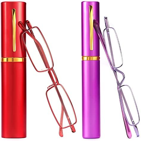 touk Küçük cep okuma gözlüğü mavi ışık engelleme, ince kompakt okuyucular taşınabilir kalem klip kılıf erkekler kadınlar için 2 Paket