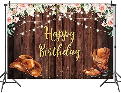 Batı Kovboy Tema Fotoğraf Arka Plan Çiçek Rustik Ahşap Fotoğraf Arka Planında Mutlu Doğum Günü Partisi Dekorasyon için Kek Masa Afiş