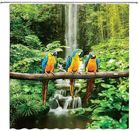 Dvıkvmo Tropikal Papağanlar Duş Perdesi, Yeşil Orman Renkli Kuşlar Şube Yağmur Ormanı Hayvan Şelale Bahar Doğa Manzara Kumaş Banyo