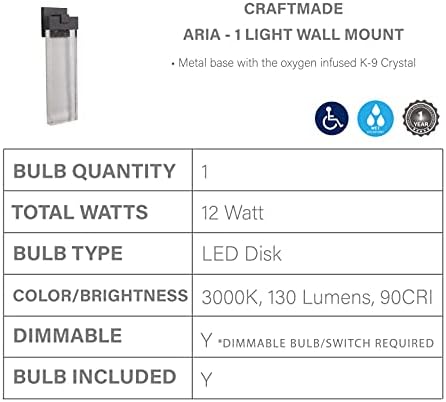 Craftmade Z1624-SA - LED Aria Kristal Dış Mekan LED Duvar Apliği, Saten Alüminyum 1 Işıklı (7 G x 23 Y) 12 Watt