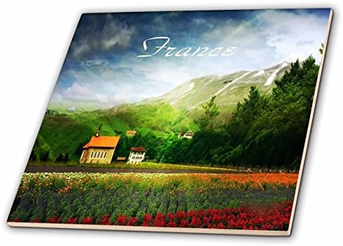 3dRose Florene Fransa - Egzotik Çiçek Tarlası Dağı Ve Fransız Kilisesi Görüntüsü - 4 inç Seramik Karo (ct_245187_1)