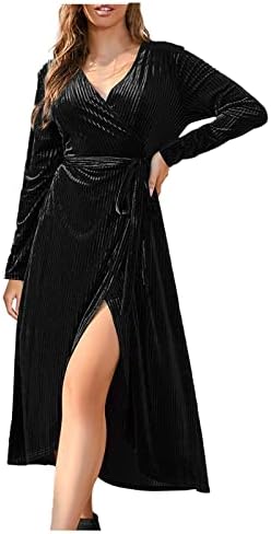 NOKMOPO Mini Elbiseler Kadınlar için Moda Rahat Mizaç Yarık Kayış Şerit Orta Uzun V Yaka Uzun Kollu Elbise