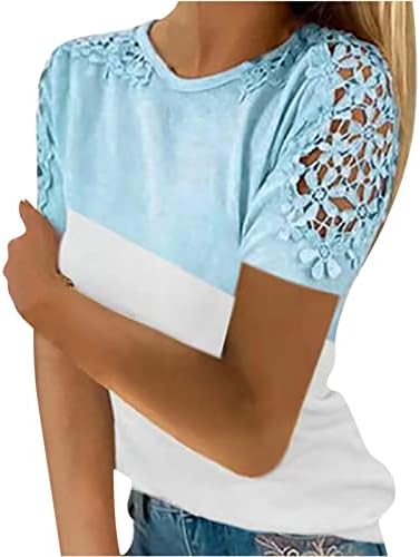 Yazlık gömlek Kadınlar için Kesme Dantel Kısa Kollu Üstleri Yuvarlak Boyun Moda Gömlek Casual Gevşek Fit Renk Bloğu Tee Bluzlar