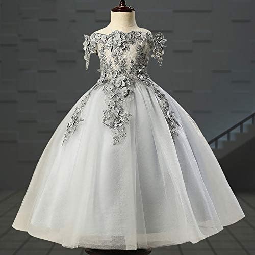IWEMEK Çiçek Kız Nakış Elbiseler Boncuklu Kapalı Omuz Prenses Pageant Tül gelinlik Giydirme Düğün Tam Boy Elbise