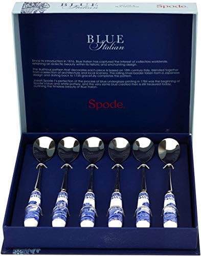 Spode Mavi İtalyan Koleksiyonu Çay Kaşığı / 6'lı Set / Porselen Kulplu Paslanmaz Çelikten Yapılmış / 6 inç Tatlı Kaşığı/Mavi | Beyaz