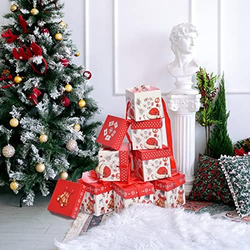 Kapaklı 12 Adet Kare Kutu, Noel Hediyesi için şeritli hediye Kutuları，Noel Hediyesi için Noel Kutusu(6”×6”×6”)