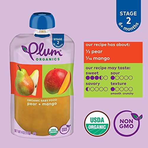 Plum Organics / Aşama 2 / Organik Bebek Maması Yemekleri [6 + Ay] / Armut ve Mango | 4 Ons Kese (6'lı Paket)